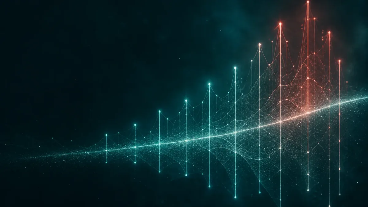 Abstrakte Datengrafik auf dunklem Grund: senkrechte Leuchtlinien werden nach rechts höher und wechseln von Türkis zu Rot, durchzogen von einem hellen Lichtband.