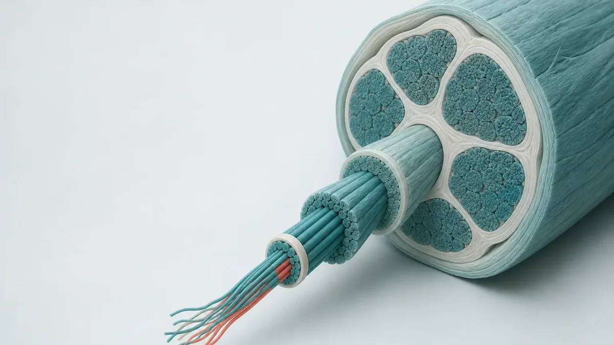 Faisceau turquoise sectionné en rendu 3D, sous-faisceaux gainés de blanc en coupe, l'un extrait à gauche et effilé en fins brins turquoise et rouges.