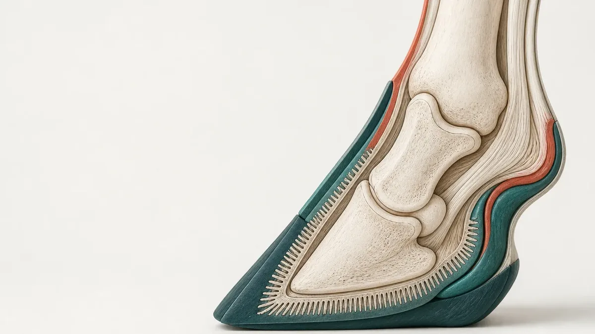Cutaway model of a horse's foot: teal hoof capsule, ivory bones and a finely toothed border running along the inner hoof wall.