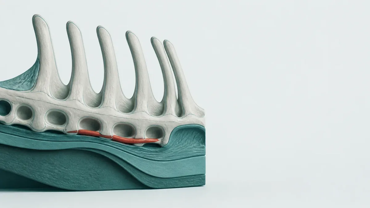 Stilisiertes 3D-Modell eines Wirbelsäulenabschnitts: sechs schlanke Dornfortsätze, die beiden rechten fast aneinander, darunter türkise Muskelschichten.