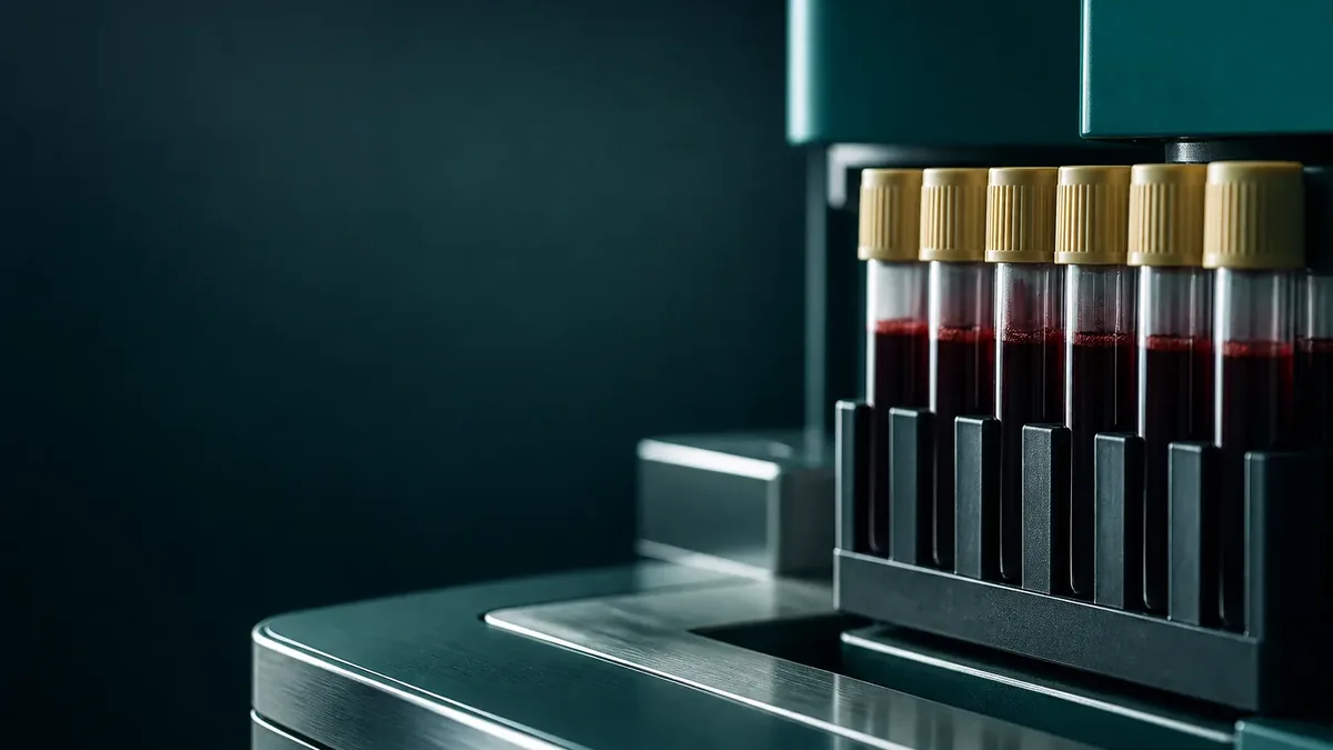 Six tubes à bouchon jaune remplis d'un liquide rouge sombre, dans un portoir métallique posé sur un appareil de laboratoire bleu-vert.