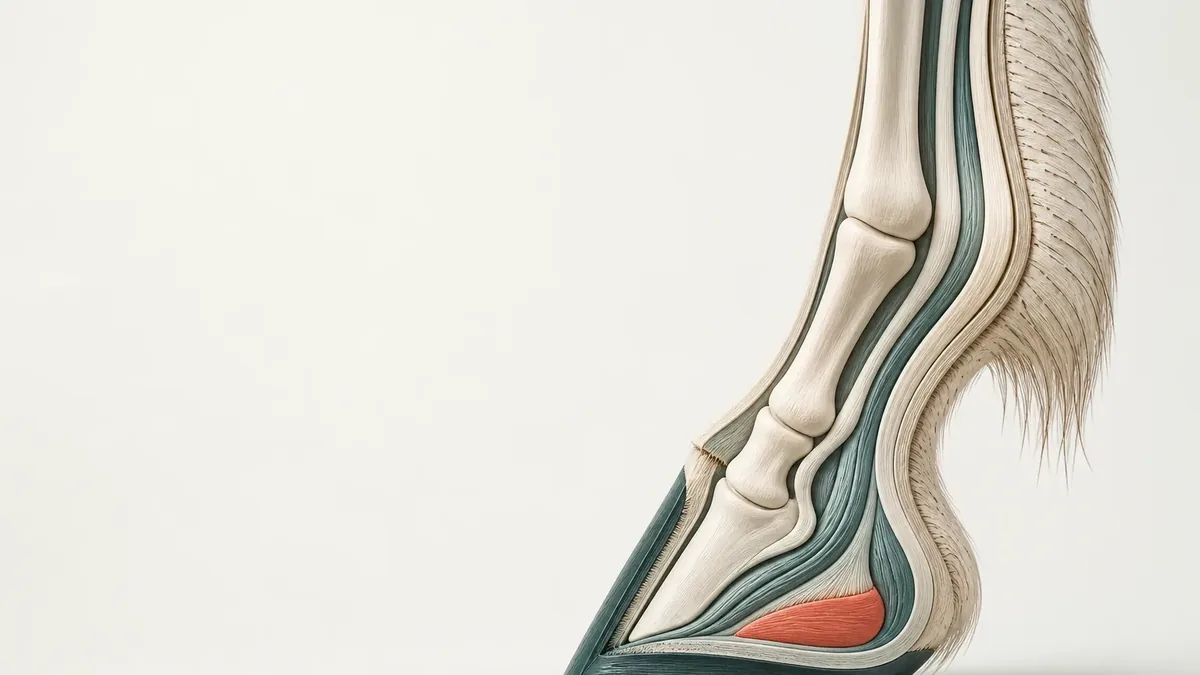 Anatomische Illustration des unteren Pferdebeins im Profil auf Cremefond: helle Knochen, blaugrüne Sehnen, lachsfarbenes Polster, Fesselbehang.