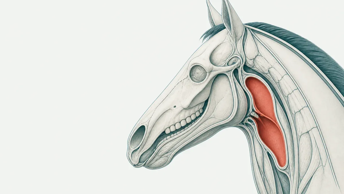 Feine anatomische Strichzeichnung eines Pferdekopfs im Profil, mit zwei rot getönten Hohlräumen hinter dem Unterkiefer.